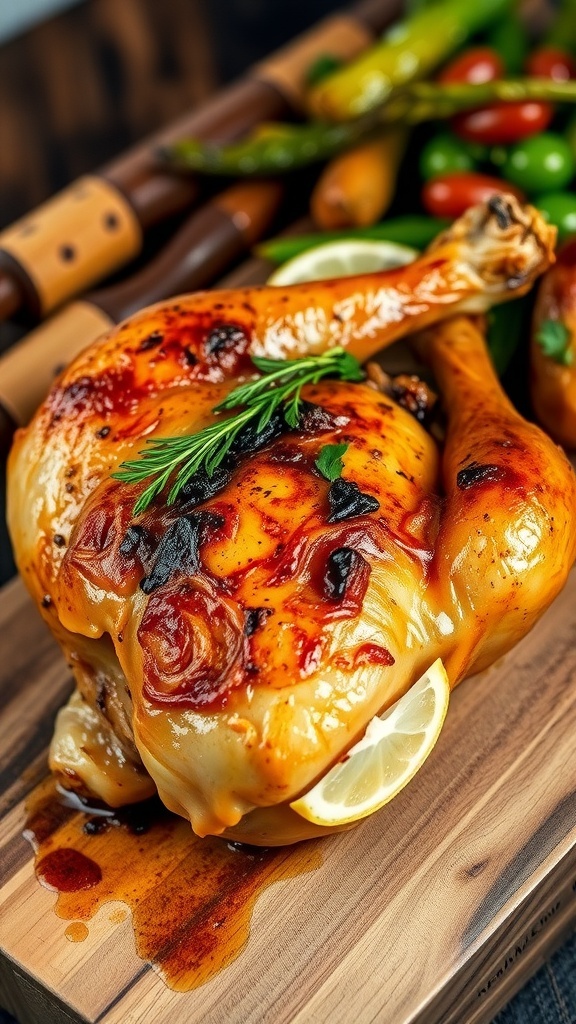 Oven-Baked Chicken Recipe Oven-baked chicken thigh with crispy skin, garnished with herbs and lemon, on a wooden board with roasted vegetables.